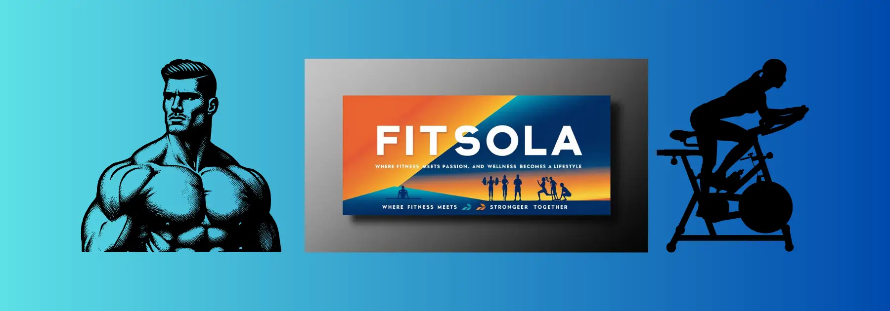 Fitsola fitness brand banner featuring bold white 'FITSOLA' logo on a vibrant gradient background (green to orange) with motivational text 'YOUR FITNESS WITH PASSION AND DEDICATION BECOME A LIFESTYLE' in modern typography, and silhouettes of muscle man and a woman in gym/home workout equipment, poses subtly layered in the background for added movement.