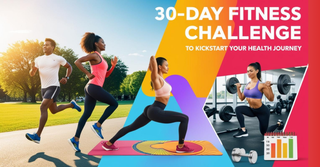 Three diverse people exercising in a 30-Day Fitness Challenge—running, yoga, and weightlifting—with bold motivational text 'The 30-Day Fitness Challenge to Kickstart Your Health Journey.' Bright, energetic design with fitness equipment and a calendar