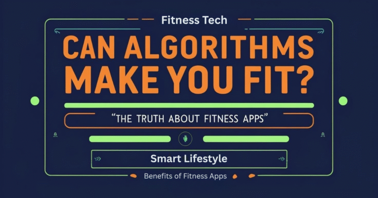 Text-only image with the title “Can Algorithms Make You Fit?” and subtitle “The Truth About Fitness Apps” in Fitsola’s brand colors (orange, dark blue, and light green).