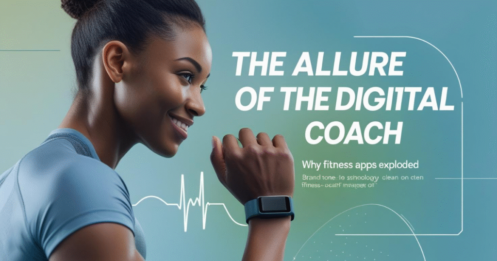 Virtual digital fitness coach guiding a user through an app interface, representing the motivational rise of Fitness Apps.