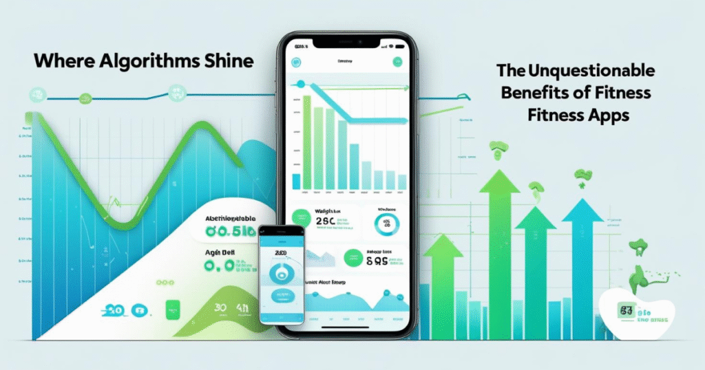 Graph-style data and progress icons illustrating the performance benefits of using Fitness Apps for fitness goals.