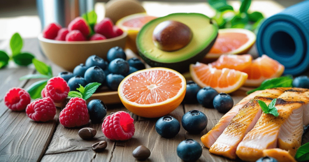 A vibrant, balanced plate of the best foods: grilled salmon, roasted sweet potatoes, and steamed broccoli, symbolizing the connection between healthy eating and a fitness-focused lifestyle.