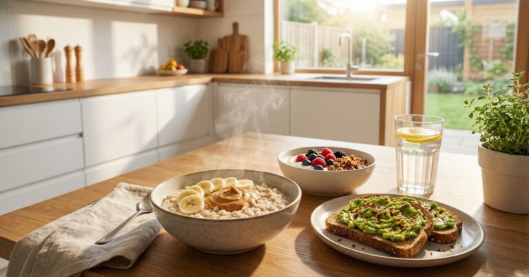 Healthy best pre-workout meals for morning exercise including oatmeal with banana, Greek yogurt with berries, and whole grain toast in natural sunrise lighting.