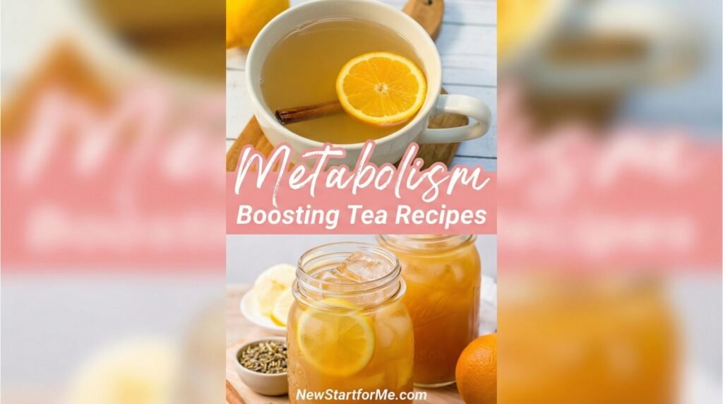 Metabolism boosting citrus tea with orange slices and cinnamon in white mug, plus iced citrus tea in mason jars representing natural fat-burning ingredients found in CitrusBurn weight loss supplement
