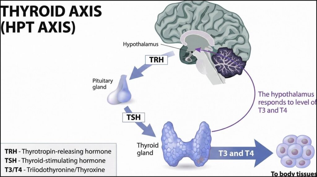 Diagram of the human stress response system showing cortisol production pathways, highlighting how chronic stress becomes a Metabolic Trigger for weight gain