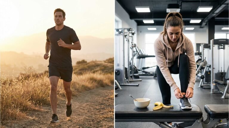 Fasted Cardio vs Fed Cardio comparison showing morning fasted run and gym workout after eating