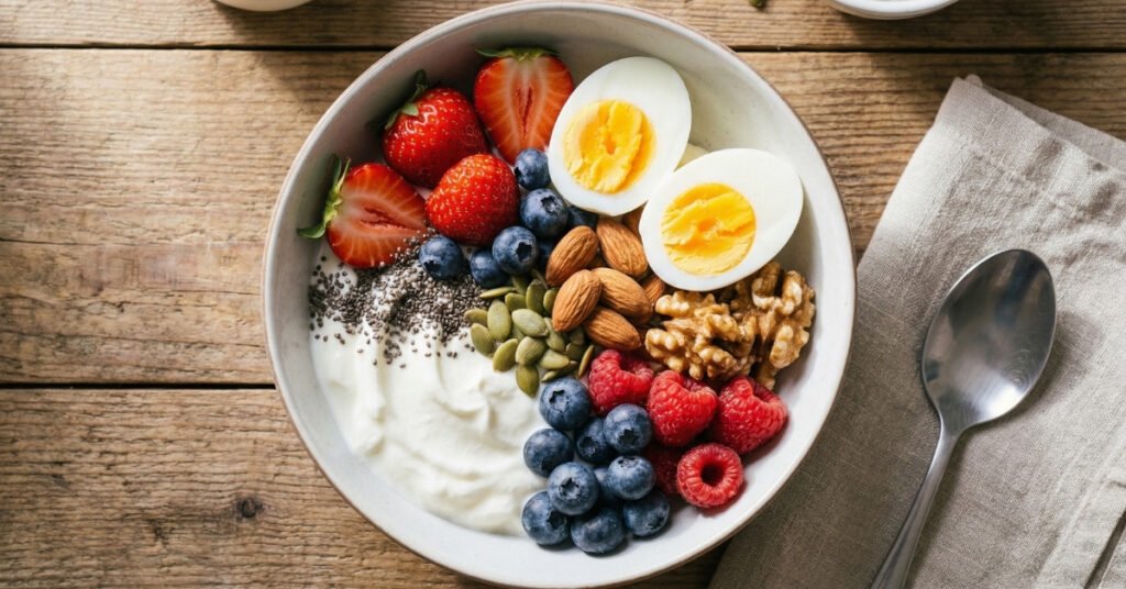 High-protein breakfast bowl with Greek yogurt, eggs, and berries to increase thermic effect of food