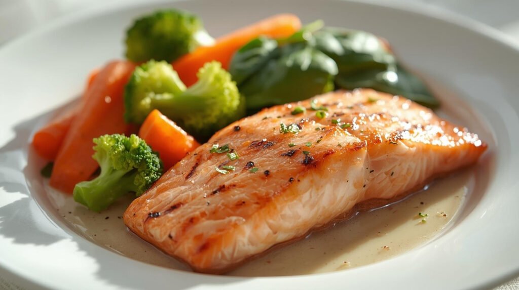Fresh salmon and vegetables on plate representing metabolism-boosting foods