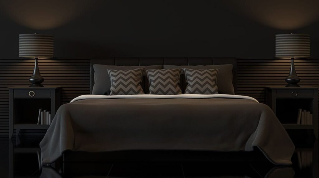 Sleep hygiene for athletes: "Sleep and Muscle Recovery: Dark bedroom environment optimized for athletic recovery and quality deep sleep"