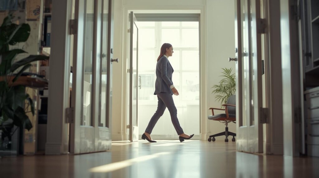Person taking walking break from desk work to increase daily NEAT activity and metabolism